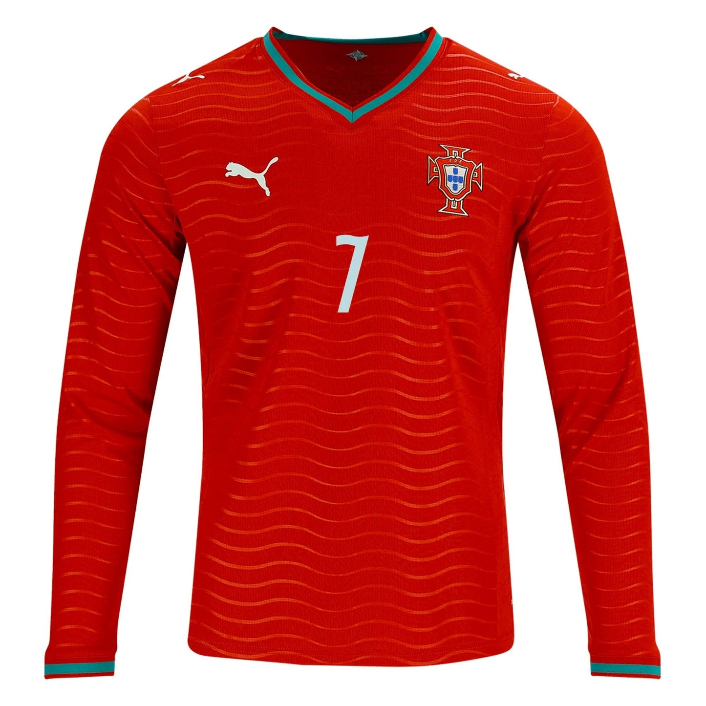 PUMA Camiseta Local Manga Larga Portugal Cristiano Ronaldo Copa Mundial 2026 para Hombre (Rojo Club/Verde Laguna)